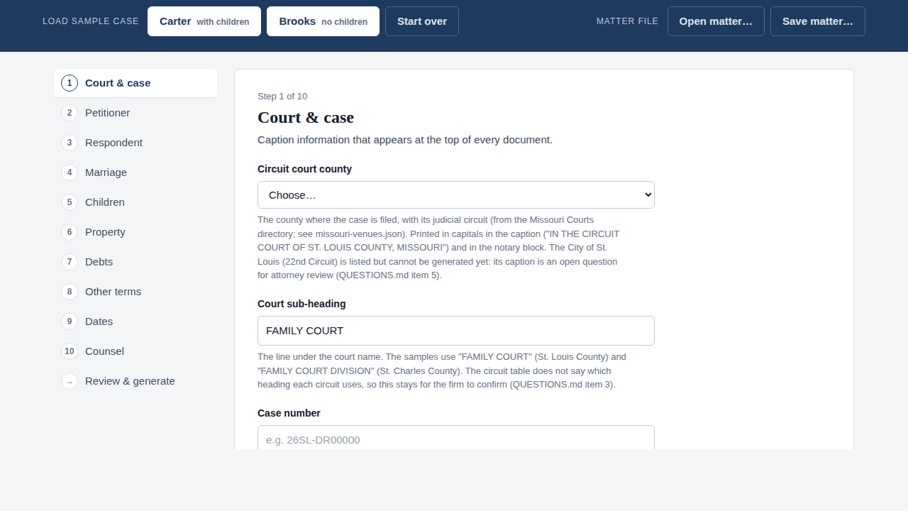 The public demo: a ten-step intake down the left side, the court and case step open, with two fictional sample cases one click away at the top
